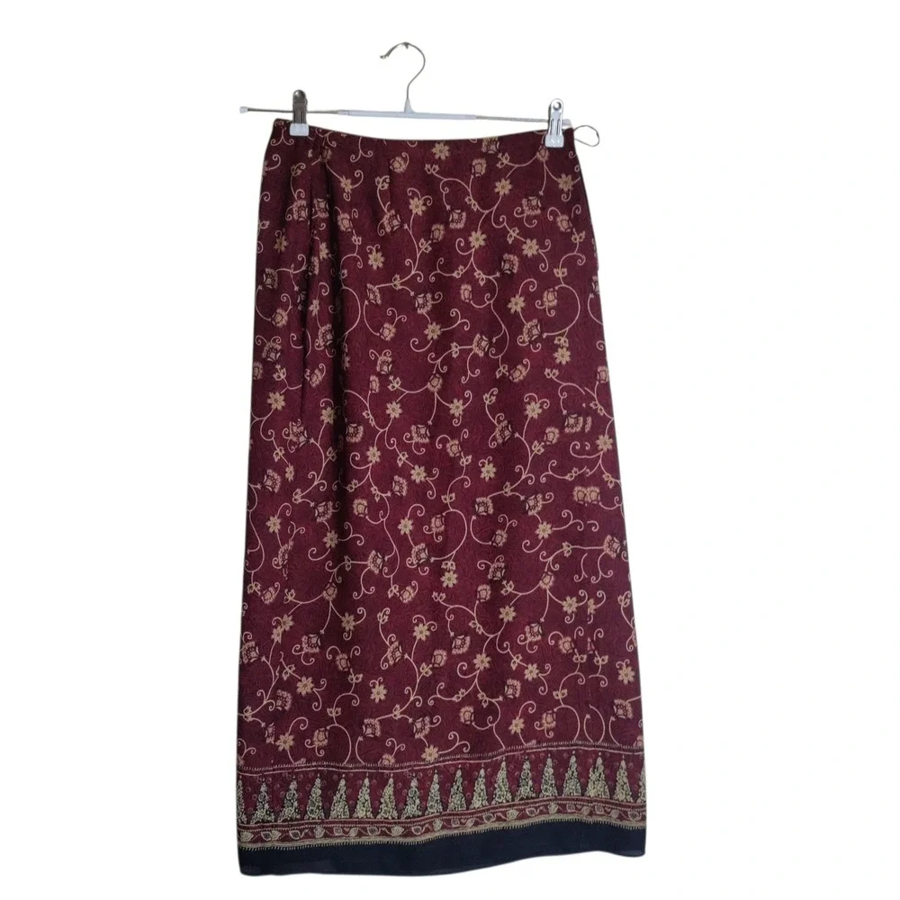 Emma James Liz Claiborne Burgundy Floral Scroll Maxi Wrap Skirt Size 10 EJMU1154